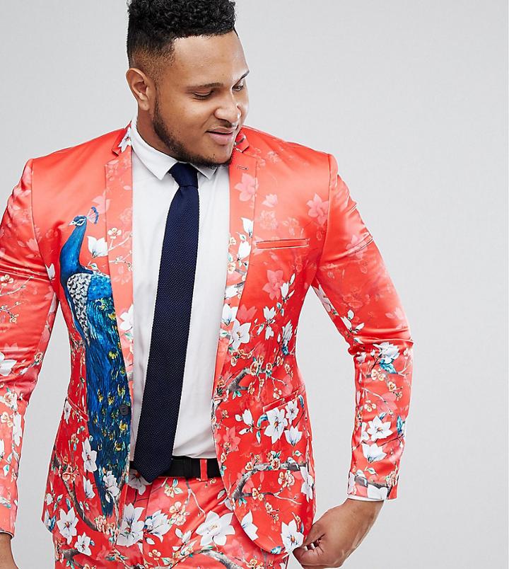 Asos Plus Super Skinny Suit Jacket With Red Peacock Print - Red