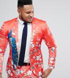Asos Plus Super Skinny Suit Jacket With Red Peacock Print - Red