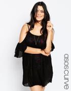Asos Curve Beach Dress In Cheesecloth With Cold Shoulder - Black
