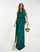 Tfnc Bridesmaid Satin Wrap Maxi Dress In Emerald Green