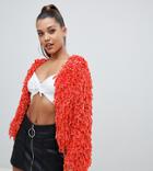 Prettylittlething Chenille Shaggy Cardigan In Burnt Orange - Red