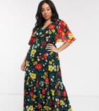 Twisted Wunder Plus Printed Maxi Tea Dress In Multi Floral With Contrast Sleeves