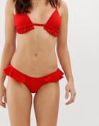 Montce Ruffle Uno Textured Brazilian Bikini Bottom In Red - Red