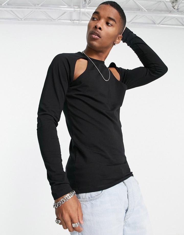Asos Design Muscle Fit Long Sleeve T-shirt With Cut Out Detail In Black