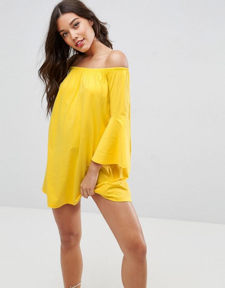 Asos Off Shoulder Mini Dress With Trumpet Sleeve - Yellow