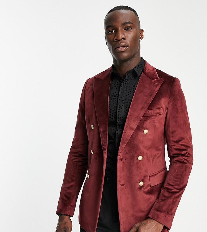 Gianni Feraud Tall Slim Fit Velvet Double Breasted Blazer-red