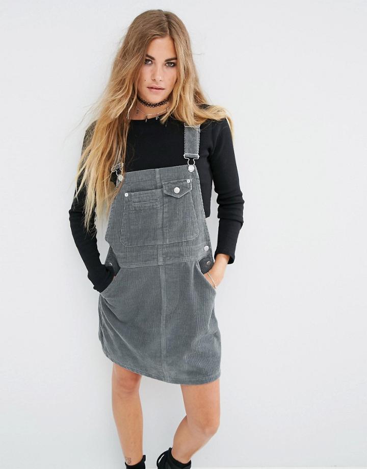 Asos Cord Overall Dress In Washed Khaki - Green