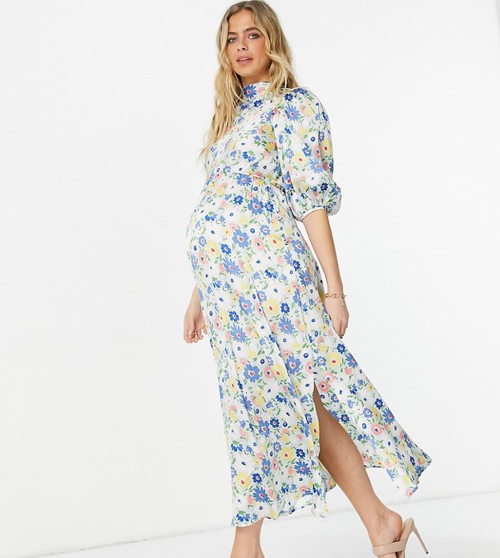 Asos Design Maternity Cowl Neck Midi Dress In Puff Sleeves In Floral Print-multi