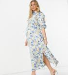 Asos Design Maternity Cowl Neck Midi Dress In Puff Sleeves In Floral Print-multi