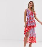 Dark Pink Deconstructed Midi Tea Dress In Red And Blue Floral - Multi