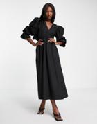 Asos Edition Open Back Midi Dress With Puff Sleeves In Black