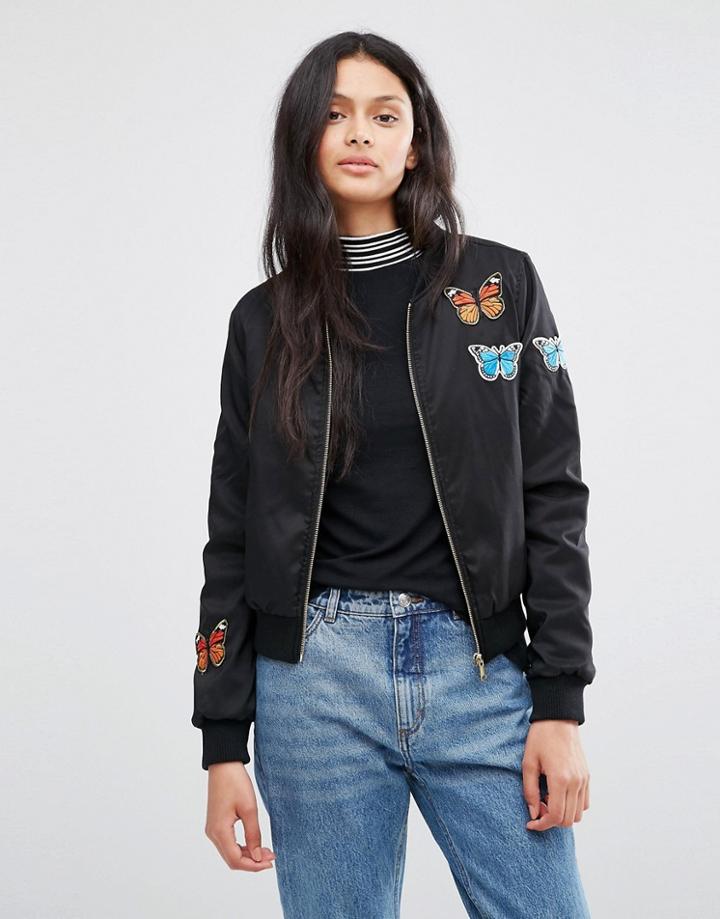 Brave Soul Bomber Jacket With Butterfly Badges - Black
