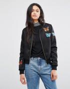 Brave Soul Bomber Jacket With Butterfly Badges - Black