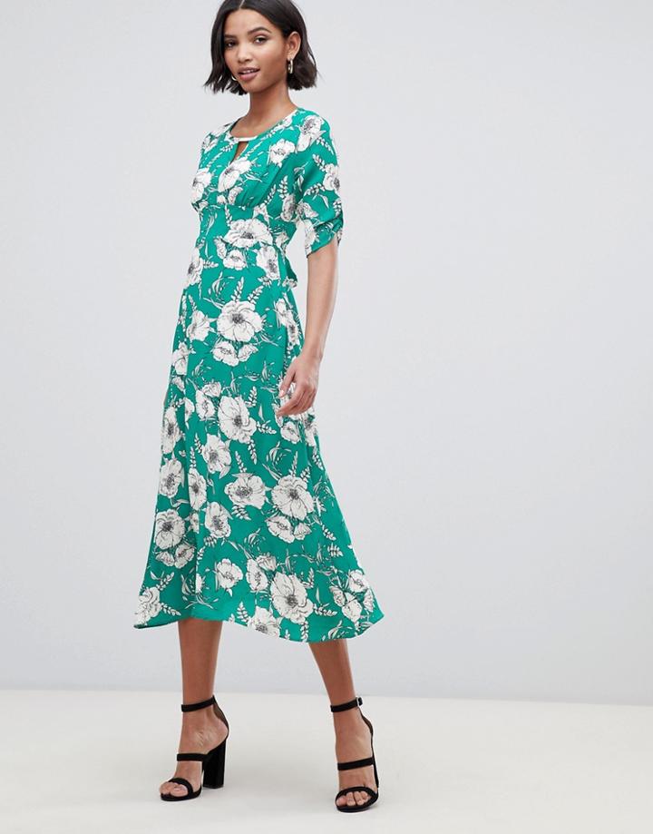 Liquorish A-line Midi Dress With Keyhole And In Floral Print - Green