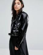 First & I Cropped Patent Leather Look Jacket - Black
