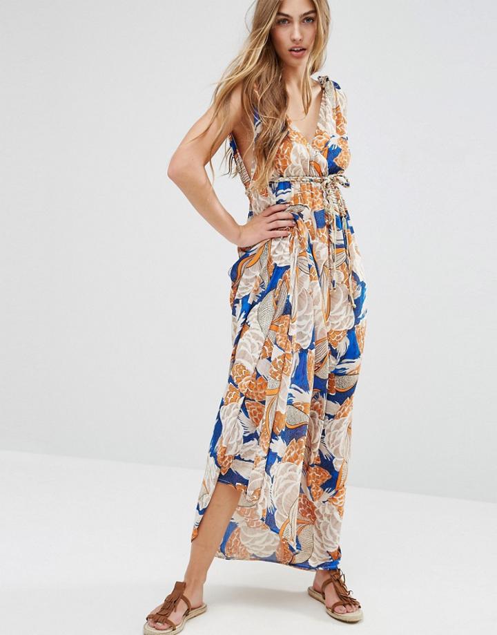 Traffic People Maxi Dress In 70's Print - Blue