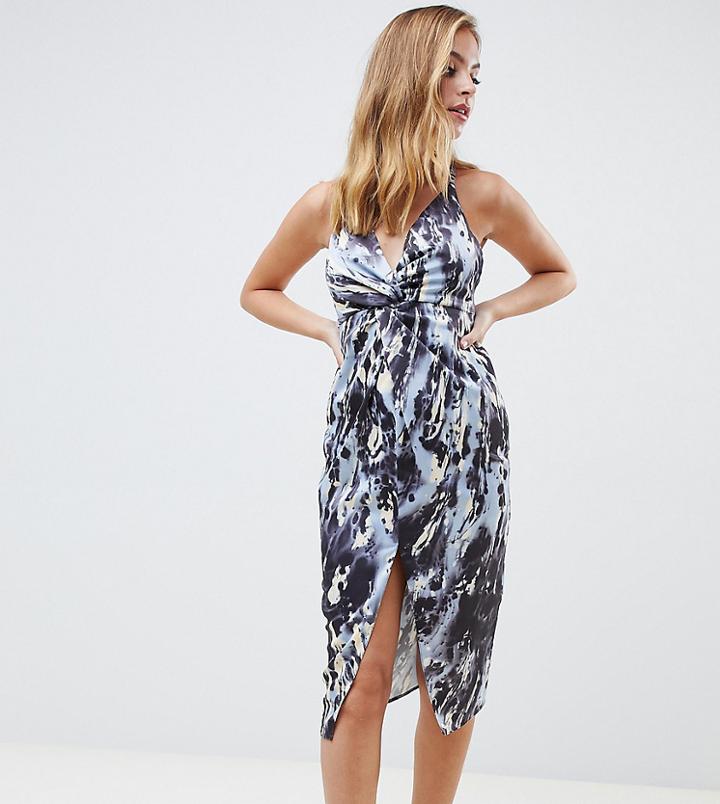 Asos Design Petite Satin Midi Dress With Knot Front In Abstract Print - Multi