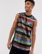 Asos Design Sleeveless T-shirt With Sequin Rainbow Stripe-black