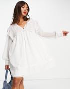 Asos Design Shirred Smock Mini Dress With Lace Inserts In White