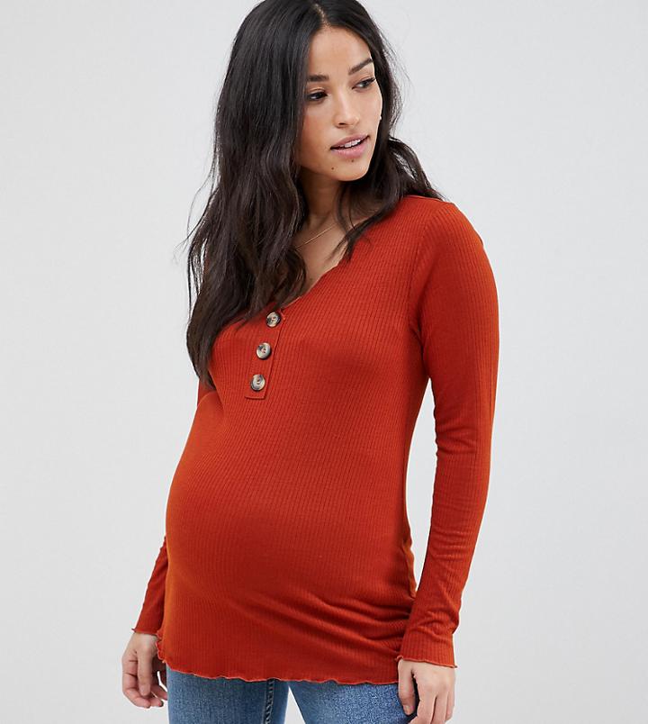 Asos Design Maternity V Neck Ribbed Top With Button Detail In Rust-brown