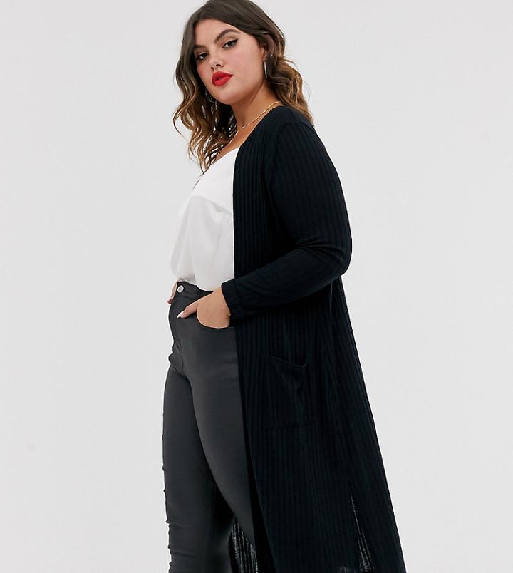 New Look Curve Long Line Rib Cardigan In Black