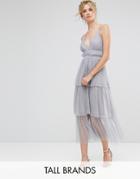 True Decadence Tall Premium Tulle Ruffle Layered Midi Dress With Starppy Back Detail - Gray