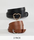 Asos Design 2 Pack Heart And Circle Buckle Waist And Hip Belts - Black