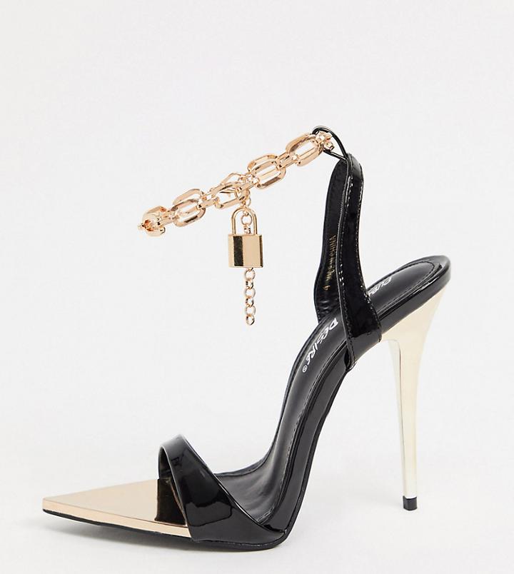 Public Desire Wide Fit Triumph Heeled Sandals With Padlock Anklet In Black