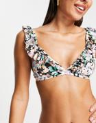 Pieces Frill Detail Plunge Neck Bikini Top In Black Floral - Part Of A Set-multi