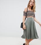 Asos Design Petite Midi Skirt With Box Pleats - Green