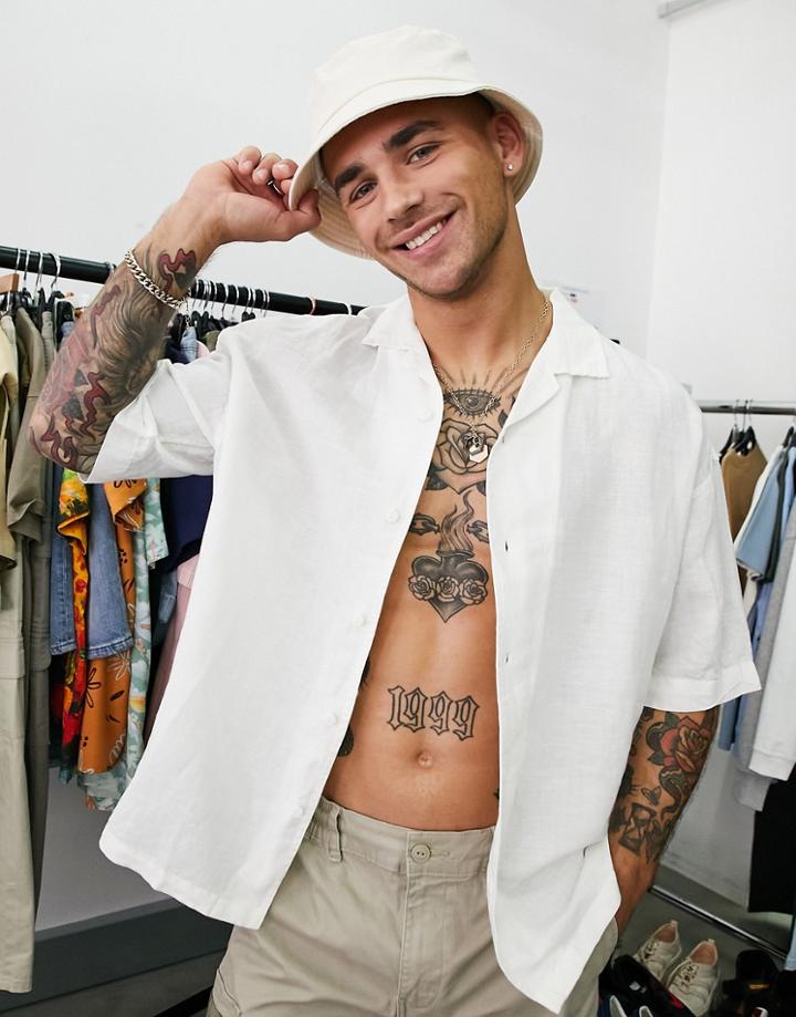 Pull & Bear Short Sleeve Linen Shirt In White