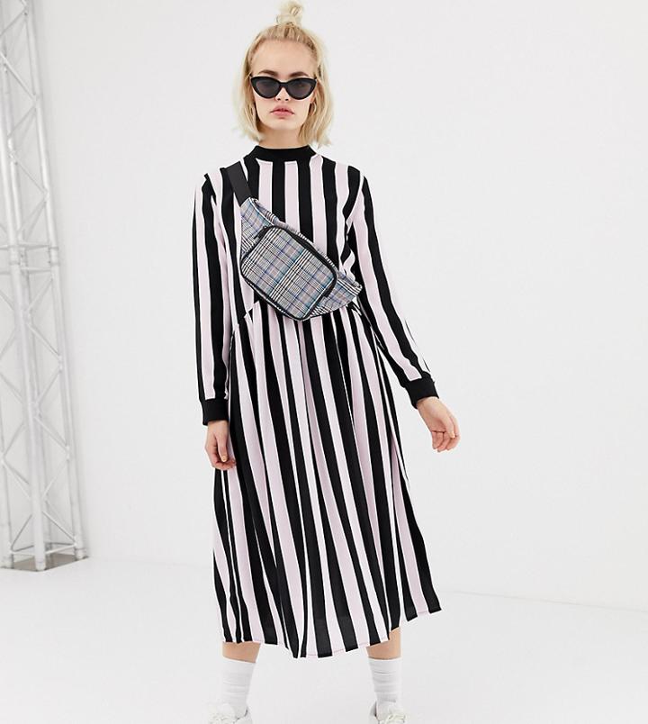 Collusion Midi Smock Dress In Stripe-black