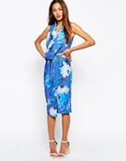 Asos Printed Drape Front Midi Pencil Dress - Multi