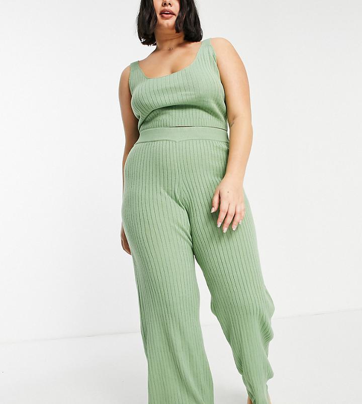 Asos Design Curve Knitted Lounge Pant With Split Hem In Light Green - Part Of A Set