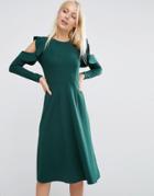 Asos Midi Skater Dress With Cold Shoulder And Frill Sleeve Detail - Green