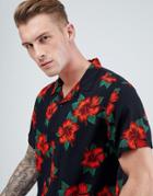 New Look Revere Shirt In Slim Fit With Red Floral Print In Black - Black