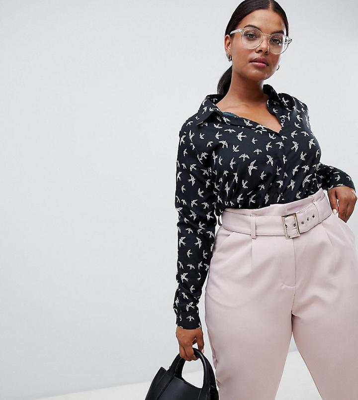 Brave Soul Plus Abena Shirt In Bird Print - Black