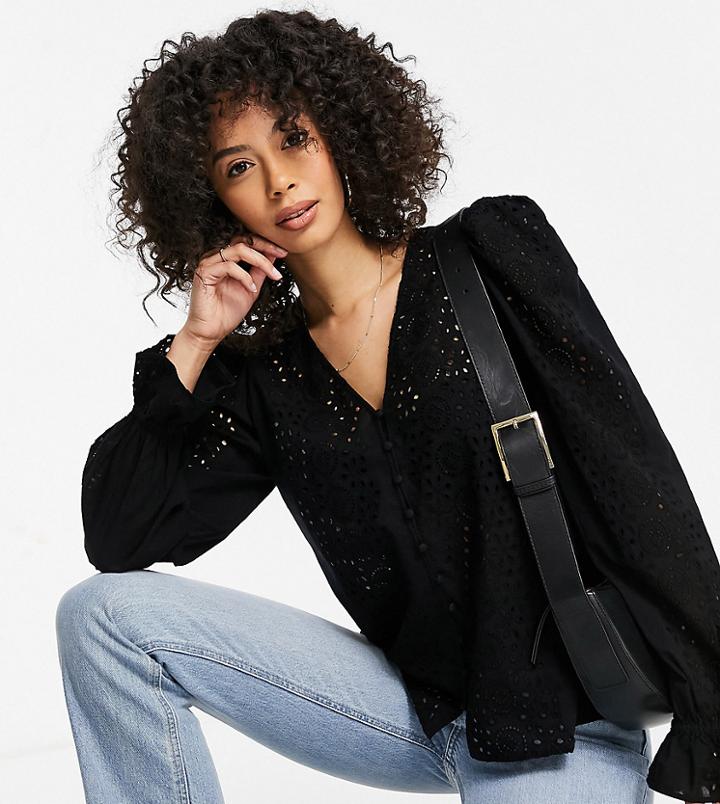 Vero Moda Tall Button Up Broderie Blouse In Black