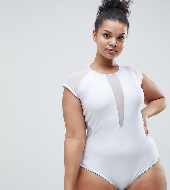 Unique 21 Plus Size Cap Sleeve Swimsuit With Open Back - White