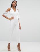 Love Triangle Lace Top Jumpsuit With Cold Shoulder Detail - Cream