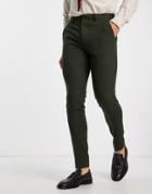 Asos Design Wedding Skinny Wool Mix Pants In Dark Green Basketweave Texture
