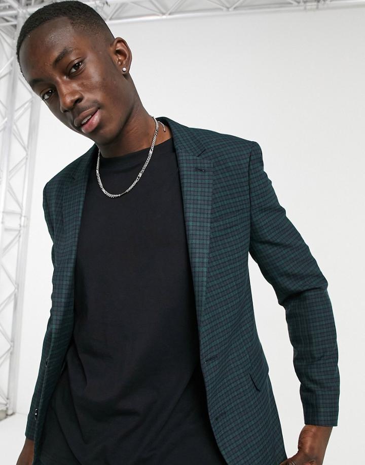 Asos Design Skinny Suit Jacket In Mini Blackwatch Plaid Check In Navy And Green