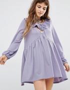 Rokoko Tie Front Smock Dress With Frill Detail - Purple