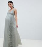 Little Mistress Maternity Maxi Dress With Lace Inserts-green