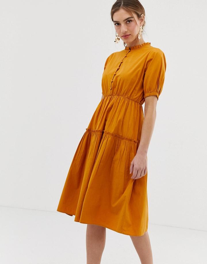 Y.a.s High Neck Balloon Sleeve Midi Dress-brown