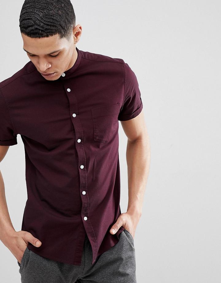 Asos Casual Stretch Slim Short Sleeve Oxford With Grandad Collar In Burgandy - Red
