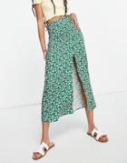 Asos Design Midi Skirt With Thigh Split In Green Floral Print-multi