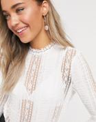 Vila Top With Lace Detail In Cream-white