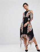 Frock And Frill Floral Printed Velvet Hanky Hem Dress With Cold Shoulder - Multi