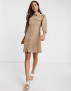 Vero Moda Denim Shirt Dress With Puff Sleeves In Camel-neutral